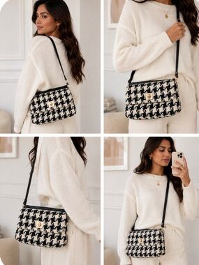Black & White Houndstooth Crossbody Bag — Classic Women’s Shoulder Bag